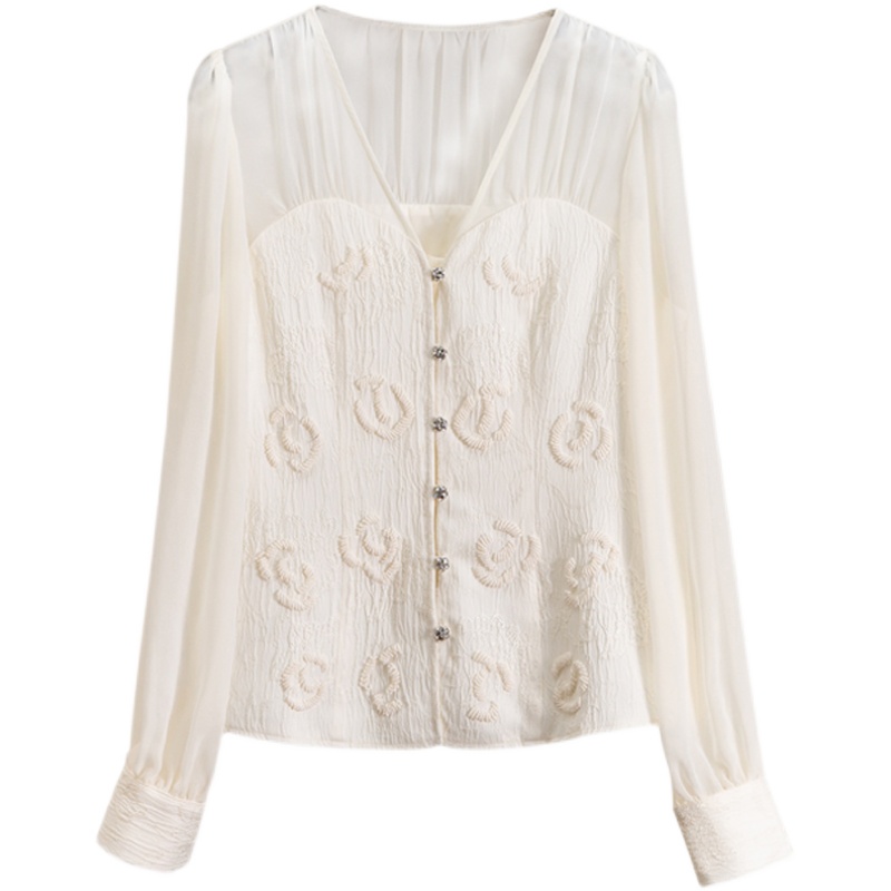 Bead Diamond Wrapped Chest V-neck Slightly Women Shirts Blouses And Tops Long Sleeve T Shirt For Women