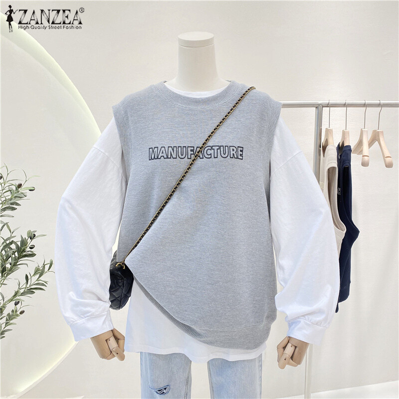 ZANZEA Women's Simple Latter Embroidery Solid Tanks Sleeveless Crew Neck Knitted Vests #4