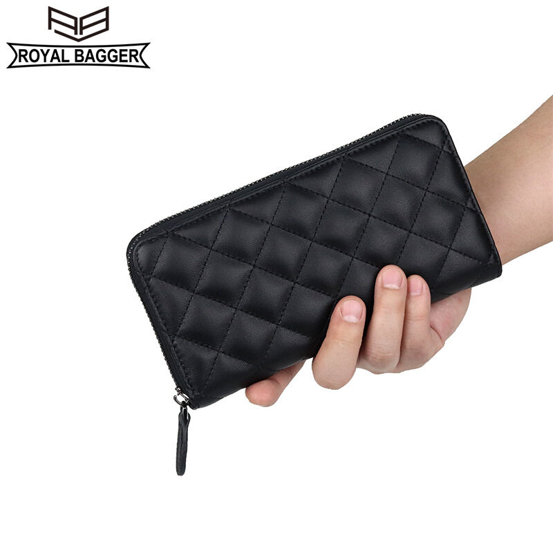 Royal Bagger Sheepskin Long Purse for Women Quilted Fashion Clutch Bag Genuine Leather Female Wallets Phone Purses Zipper Cards Holders